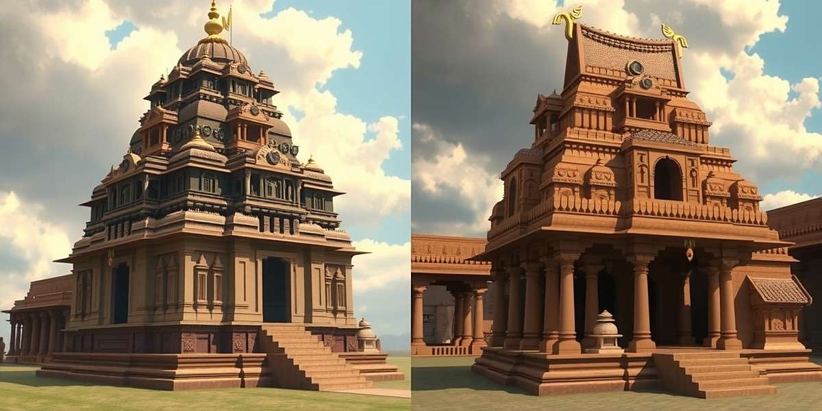 Fennel Spirit Realm Regional Architectural Differences Comparison of North Indian and South Indian temple designs in Fennel Spirit Realm showing architectural differences