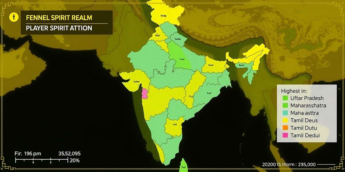 Fennel Spirit Realm Player Distribution in India Fennel Spirit Realm player distribution map across India showing highest concentration in Uttar Pradesh, Maharashtra, and Tamil Nadu