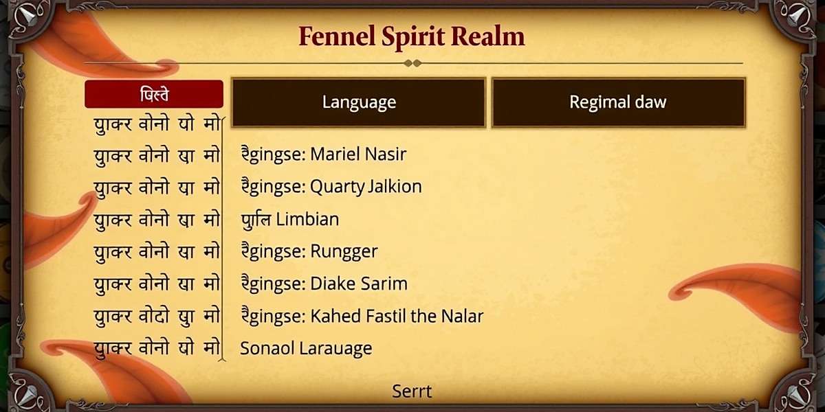 Fennel Spirit Realm Language Support Fennel Spirit Realm language selection screen showing various Indian language options with regional script samples